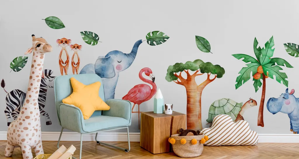 Muralo Adesivi Parete Bambini XXL Animali Felici 125x250cm