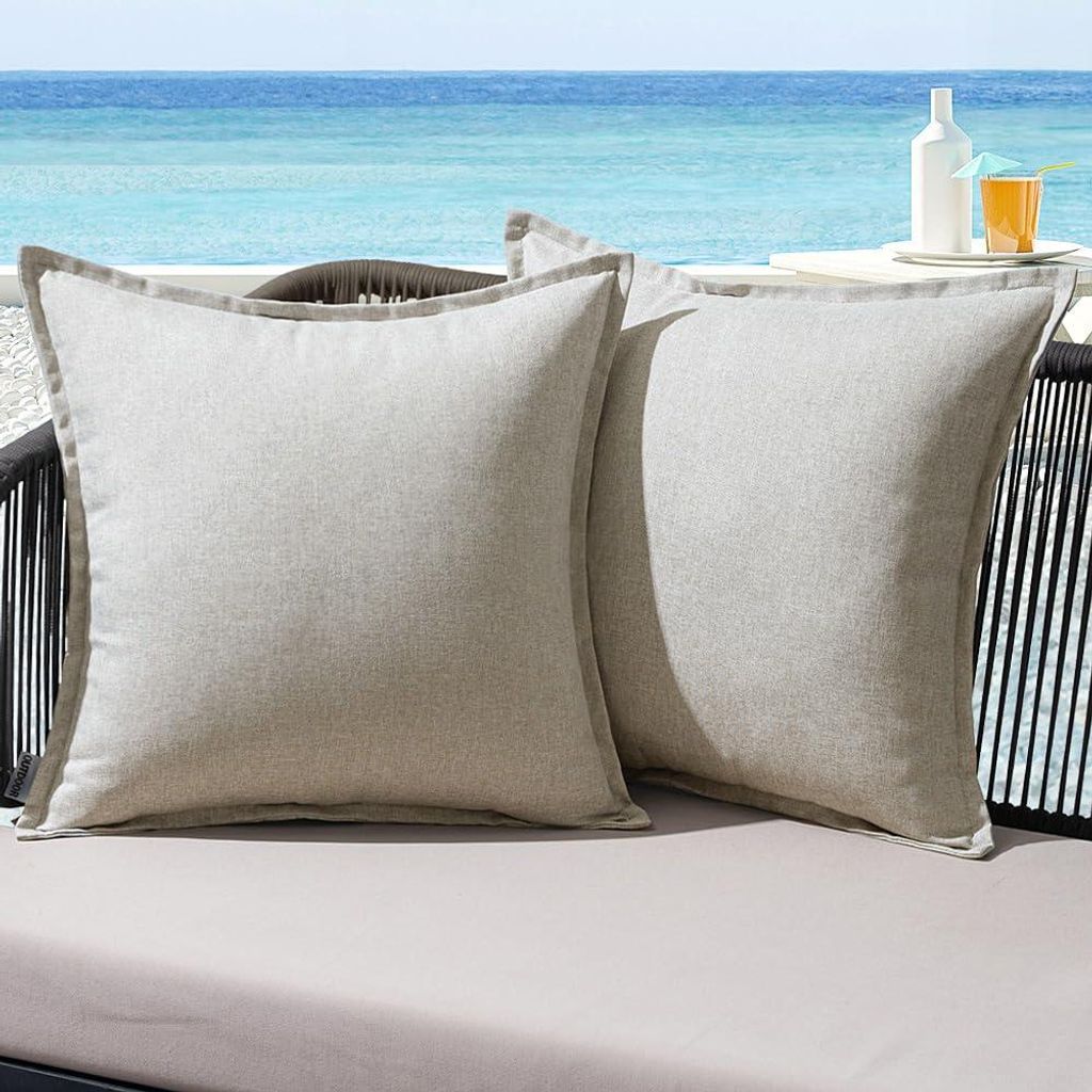 Set mit 2 wetterfesten Kissenbezügen in Leinenoptik, für Garten, Sofa, Sessel, Wohnzimmer, Schlafzimmer, 50 x 50 cm, grau und weiß