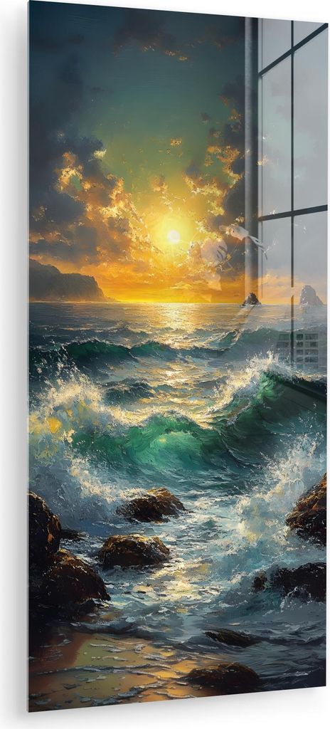 MuchoWow Glasbilder - Bilder auf Wandbild - Foto auf Glas Meer - Sonne - Wellen - Felsen 60x120 cm Wanddekoration aus Glas - Acrylglasbild - Acrylb...