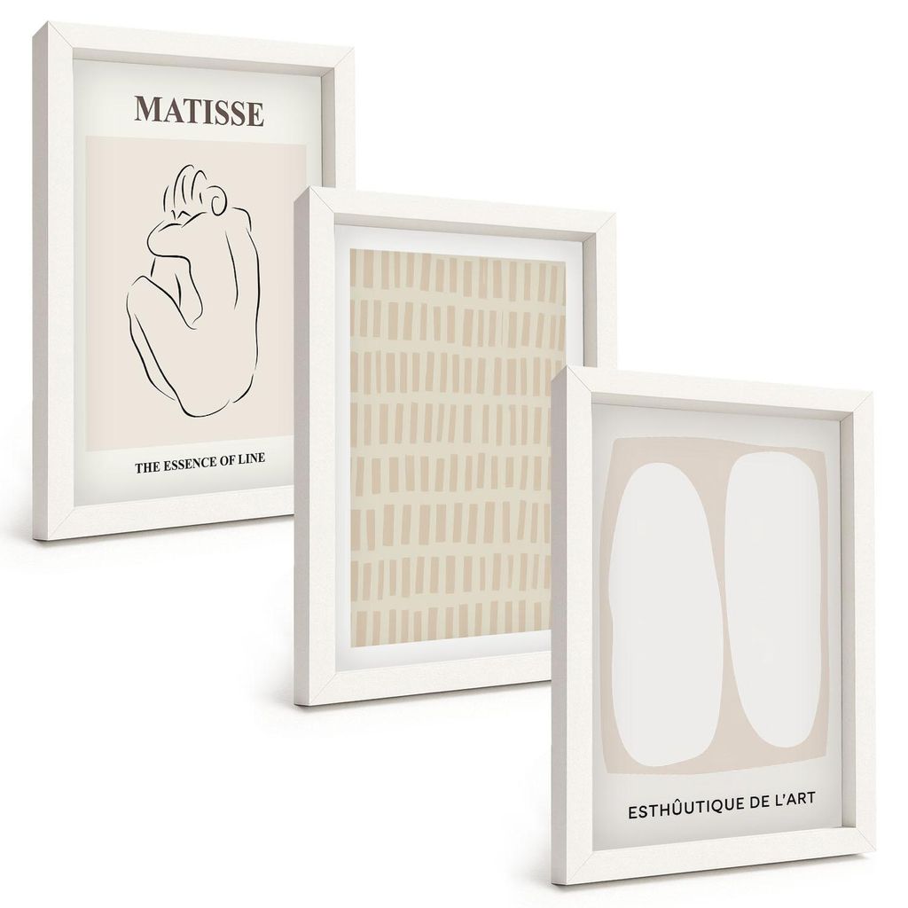 Bilder Set 3-teilig im weißen Rahmen – Wandbilder 3 Stück – gerahmte Poster für Wohnzimmer, Schlafzimmer und Flur – 20x30 cm – Linien, F...
