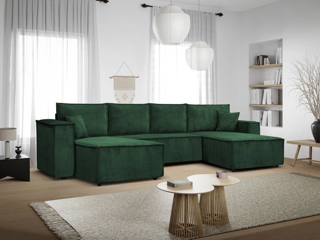 Ecksofa Camel U-Form mit Schlaffunktion Bettkasten 390 cm Schlaffläche 340 x 135 cm Sofa XXL Wohnzimmer Arbeitszimmer (Farbe: Poso 14 - grün)
