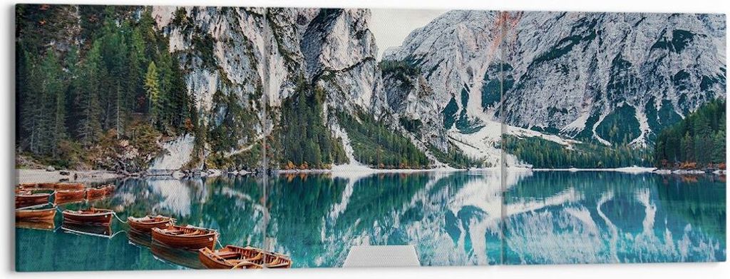 Bild auf Leinwand - Leinwandbild - 3 Teile - Boote Berge Hafen - 150x50cm - Wand Bild - Wanddeko - Wandbilder - Leinwanddruck - Bilder - Wanddekora...