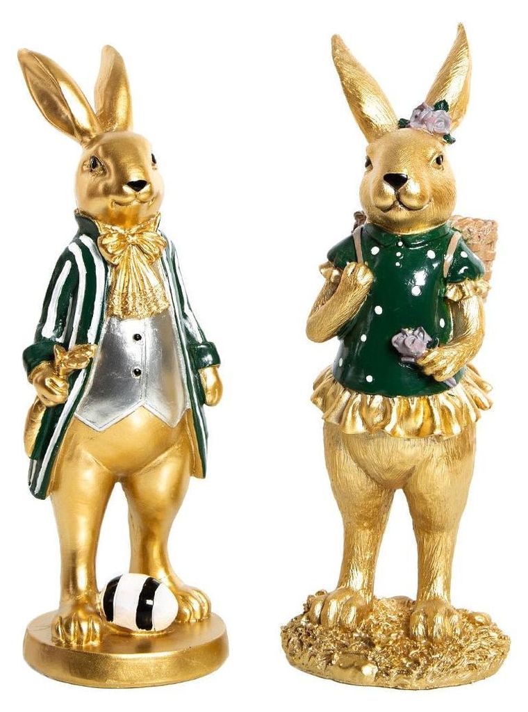 2 edle Osterhasen Dekofiguren Hasen Paar Gold grün 30 cm Produktbild 