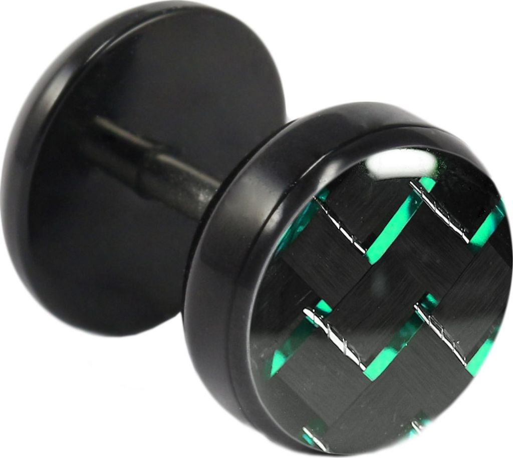 Fake Plug Ohrstecker schwarz Carbonfaser in verschiedenen Farben und Größen Größe - 8 mm Farbe - Schwarz-Grün