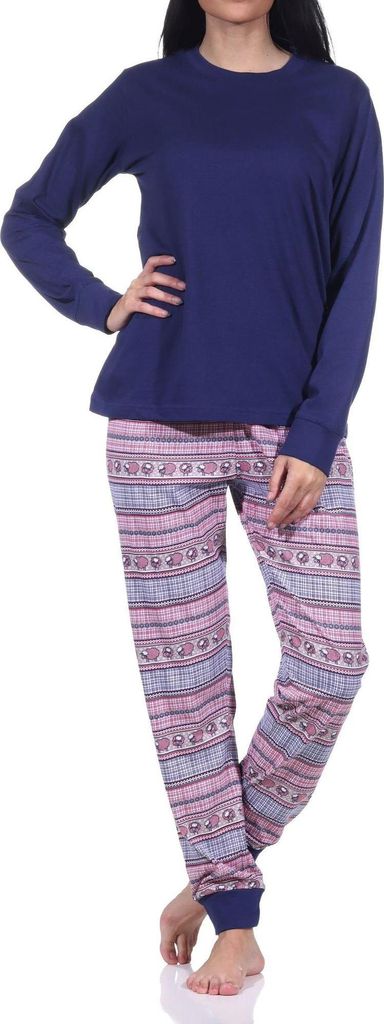 Normann Damen langarm Schlafanzug mit Bündchen Pyjama im wunderschönen Ethnolook ; navy , 40