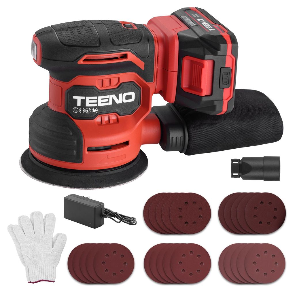 TEENO 125MM 20V Exzenterschleifer, Akku-Elektroschleifer, 13.000 U/min, mit 25 Schleifpapieren, Staubsammler