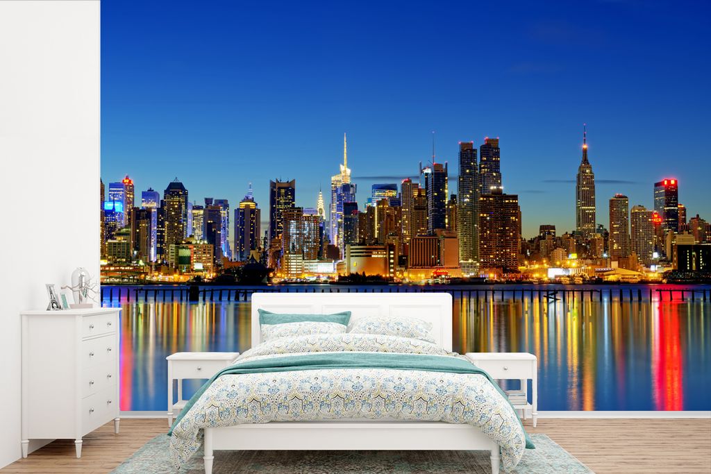 MuchoWow Fototapete für Wohnzimmer oder Schlafzimmer Wandtapete Vinyl Motivtapete Die Skyline von New York bei Nacht - 360x240 cm - Vinyl-Tapete
