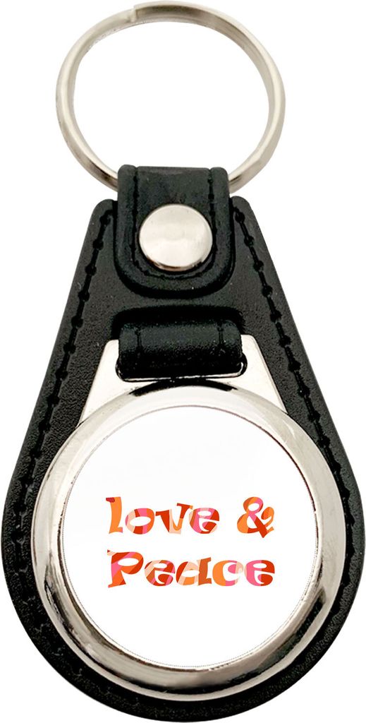 Huuraa Schlüsselanhänger Love & Peace 70s Metall mit Kunstleder Schlüsselring Einkaufswagenchip Geschenkidee