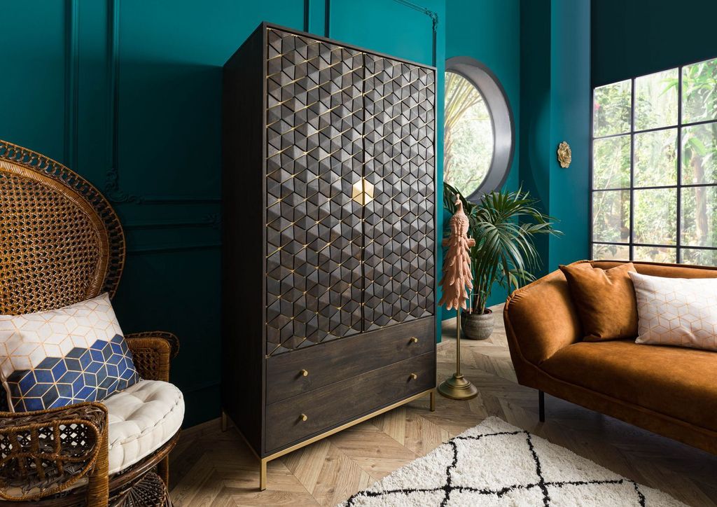 MASSIVMOEBEL24 Kleiderschrank Mango 99x55x190 grau geölt DIAMOND #118