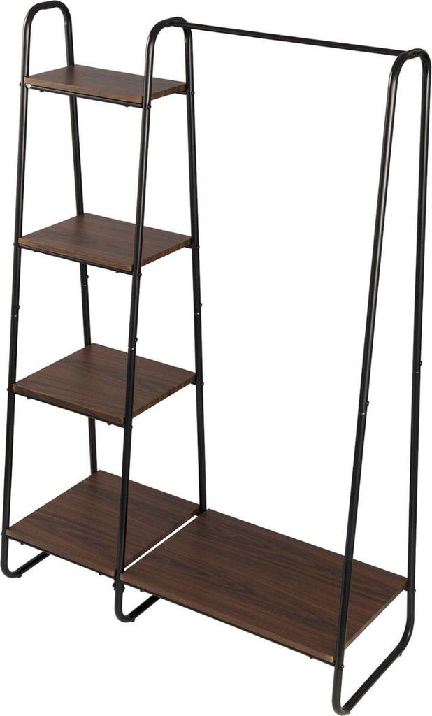 Happyment Kleiderständer Doda – Mit Aufbewahrungsflächen – 5 Ablagen – Schuhregal & Kleiderschranknregal – Modern Braun – Holz & Stahl
