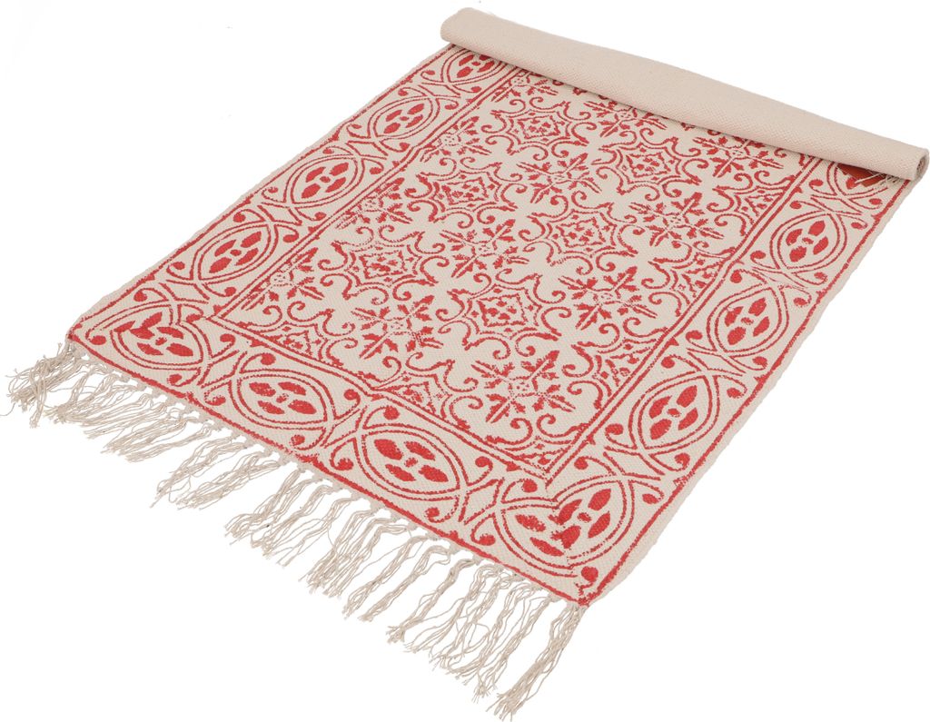 Handgewebter Blockdruck Teppich 190*135 cm, Traditionelles Design, Indischer Baumwollteppich, Bad Läufer - Weiß/rot, Baumwolle, Teppiche, Bodenma...