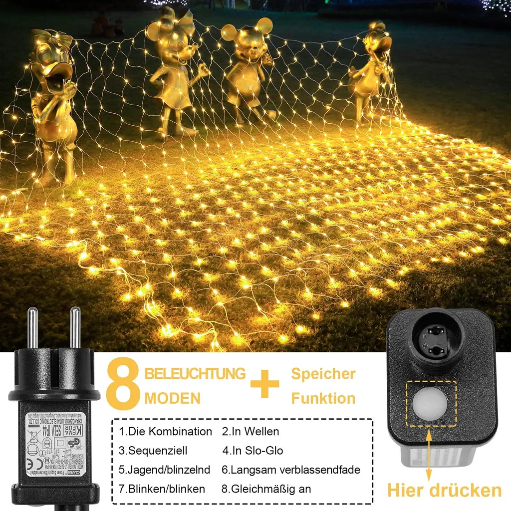 Guirlande LED 8 Modes avec Minuteur - Filet Blanc Chaud 31V 3x2M Déco