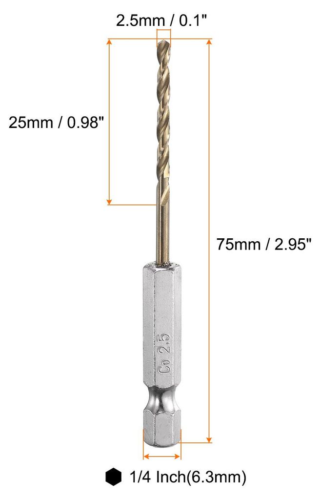 4 Stš¹ck Metallbohrer 2.5 mm x 75 mm, M35 HSS Spiral-Bohrersatz, 1/4'' Sechskantschaft fš¹r Metall, Stahl, Kupfer, Aluminium, Zinklegierung, Holz