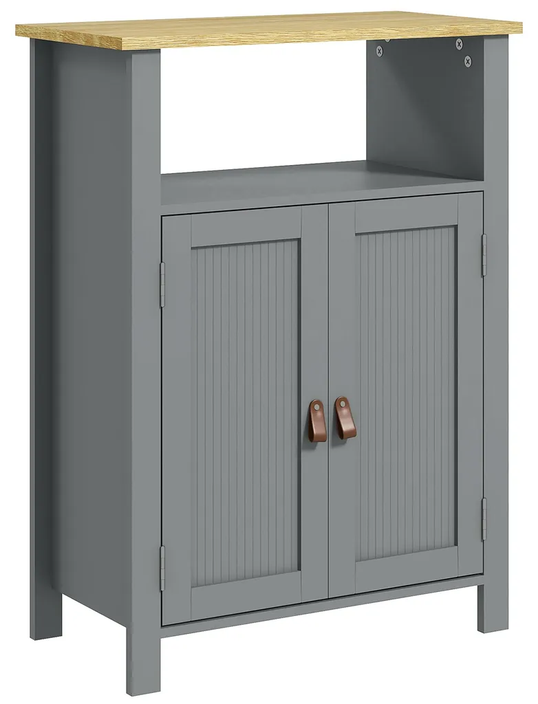 Meuble bas de salle de bain gris et naturel avec placard double porte
