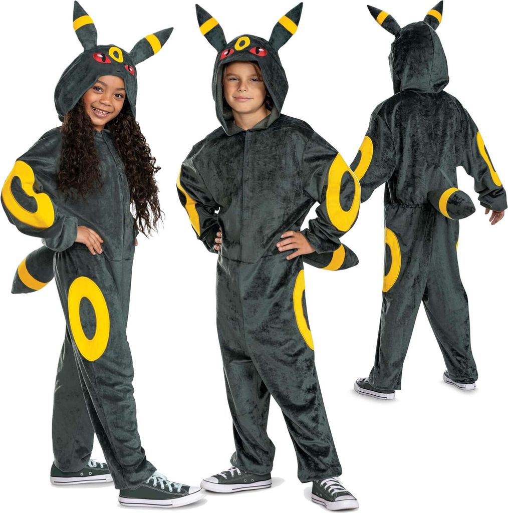 Three children wearing Umbreon costumes from Pokemon.