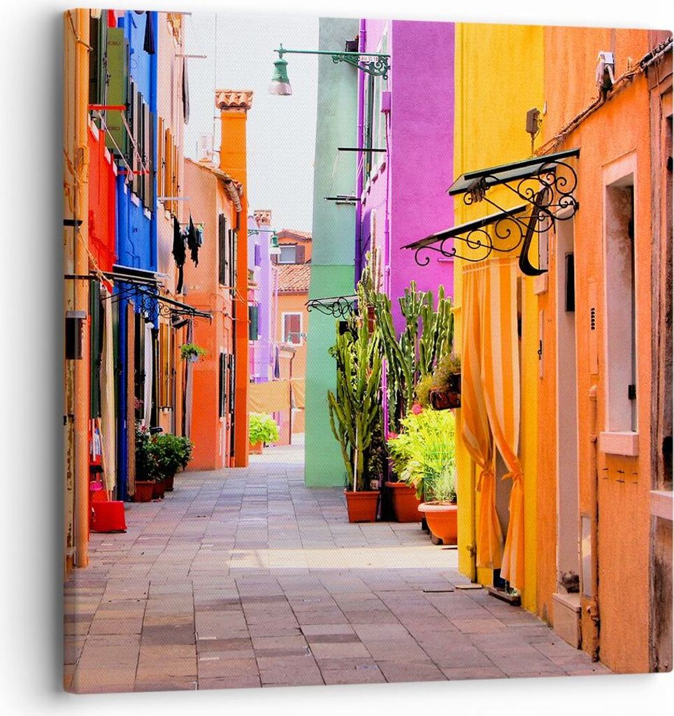 Bild auf Leinwand - Leinwandbild - Sommer Straße Haus - 30x30cm - Wand Bild - Wanddeko - Wandbilder - Leinwanddruck - Bilder - Kunstdruck - Wandde...