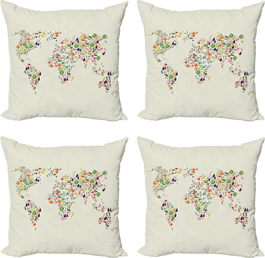 ABAKUHAUS Vegan Kissenbezug Set (4 Stück), Gemüse Karte der Welt, Moderner Doppelseitiger Digitaldruck, 60 cm x 60 cm, Mehrfarbig