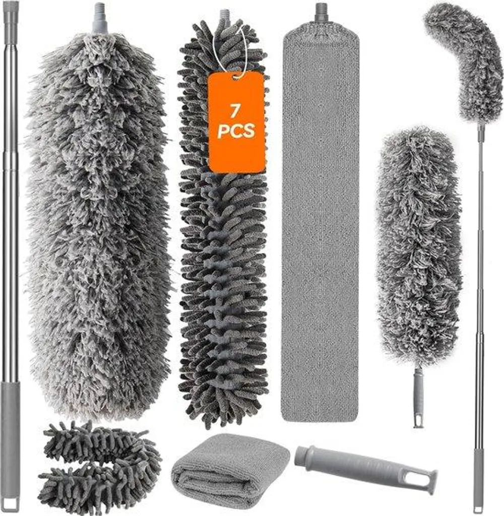 Aspirateur télescopique gris 254 cm avec chiffon microfibre pour plafonds