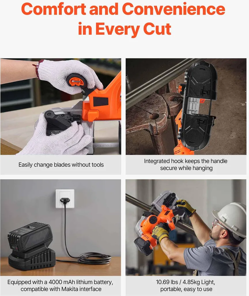 SucceBuy Sega a nastro a batteria da 20 V con velocità variabile e profondità di taglio di 65 mm - 6
