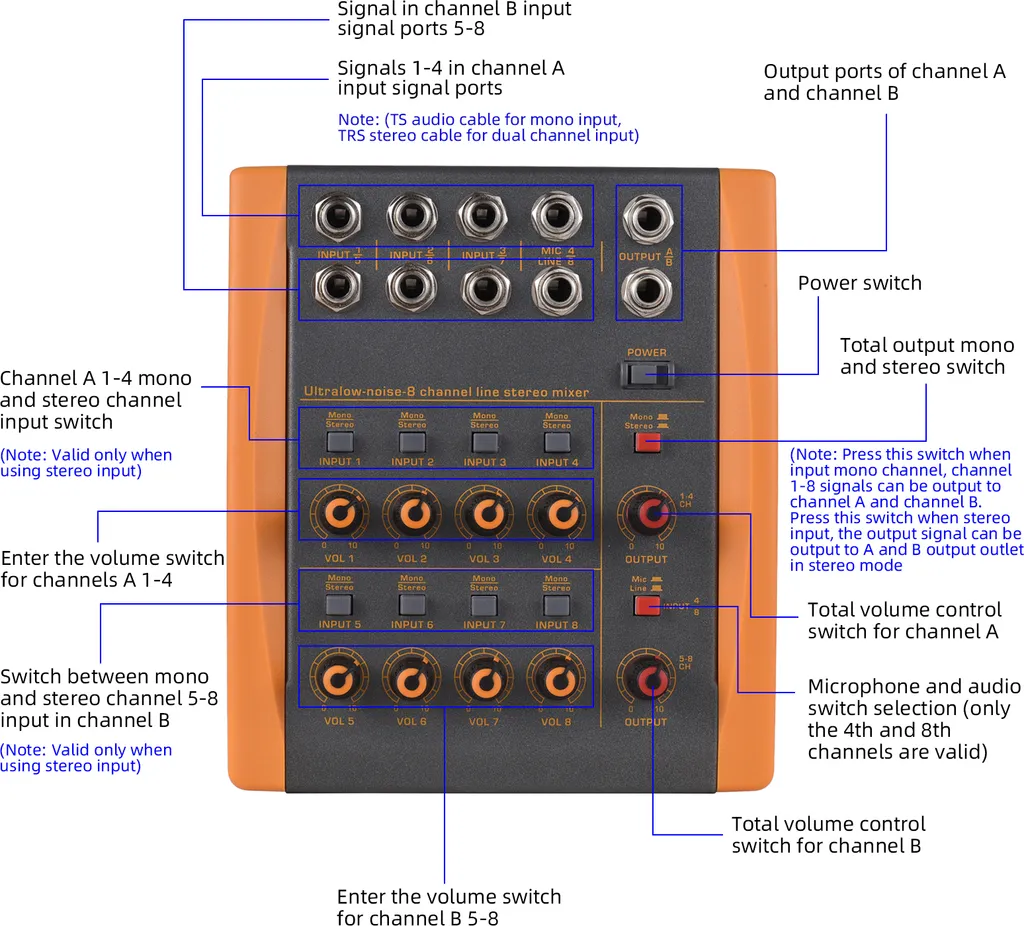 Table de mixage 8 canaux anti-souffle pour connecter plusieurs instruments