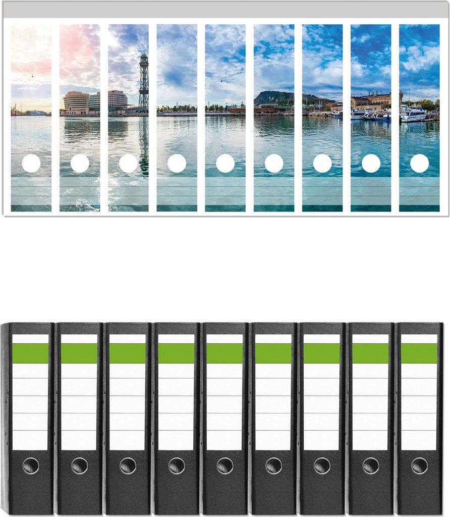 Wallario 9 Stück breite Ordner inkl. Klebeetiketten mit Motive Panorama des Hafens von Barcelona - Set mit Rückenschildern / Ordnerrücken Stickern