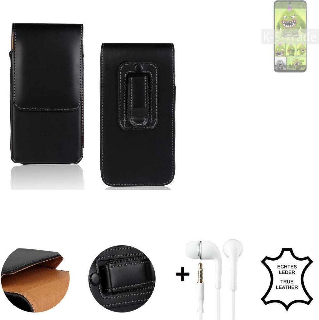 K-S-Trade Leder Gürteltasche + Kopfhörer kompatibel mit Samsung Galaxy M52 5G Seitentasche Belt pouch Holster Handyhülle Schutz Hülle Etui schwarz