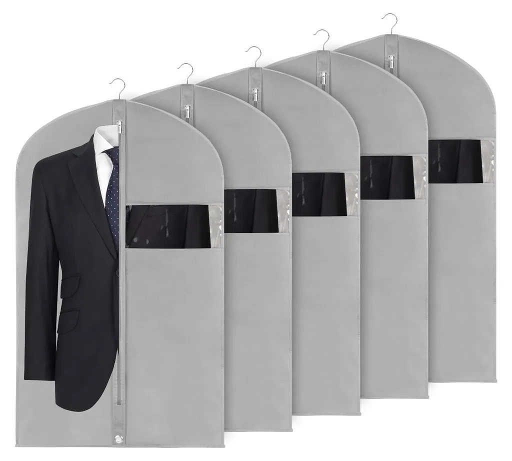 Lot de 5 sacs vêtements anti-poussière gris 60x101 cm avec zip renforcé