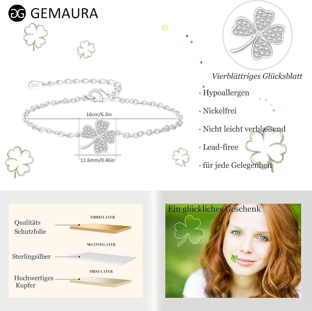 Selfmade Jewelry Bracciale Portafortuna per Donna - Bracciale A Quadrifoglio su Nastro Nero - Gioielli Portafortuna per Donne e Ragazze Fatti a Mano In Germania (Argento)(Taglia Regolabile