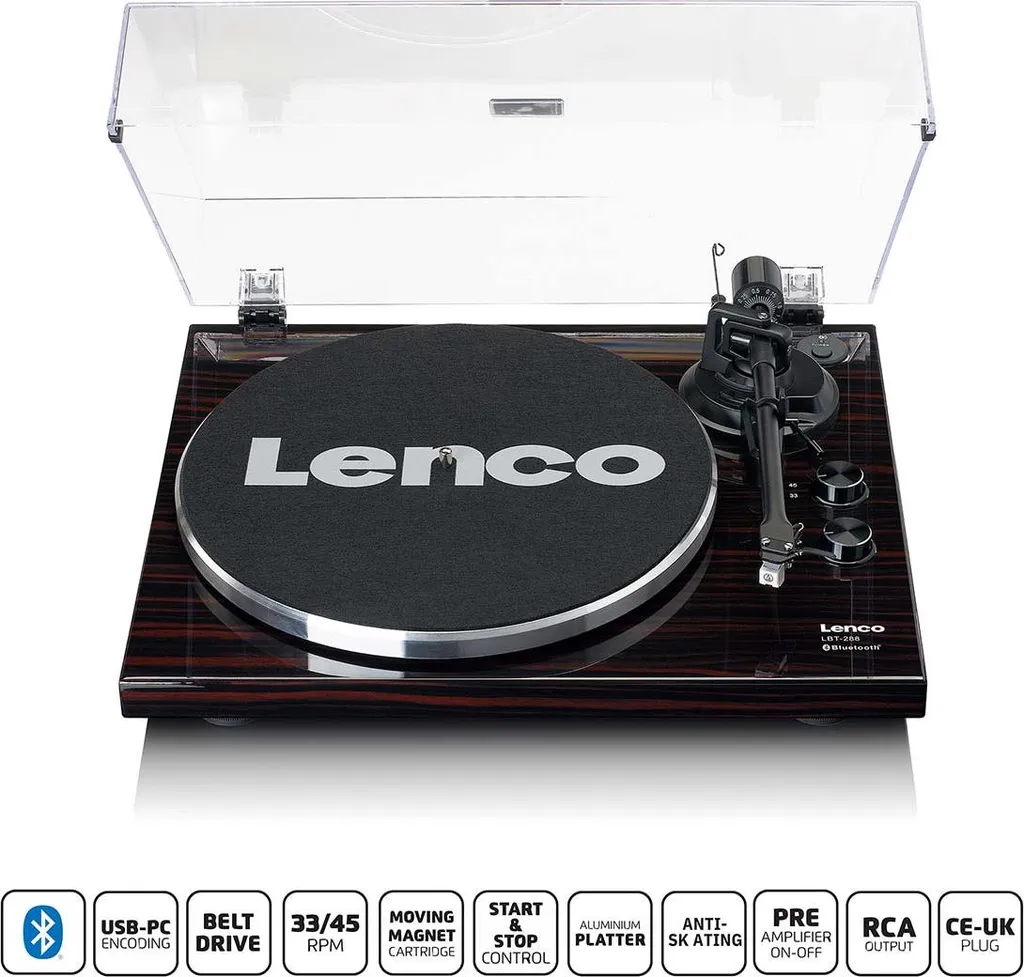 Lenco LBT-288WA Platine vinyle Bluetooth noyer avec cellule Audio-Technica