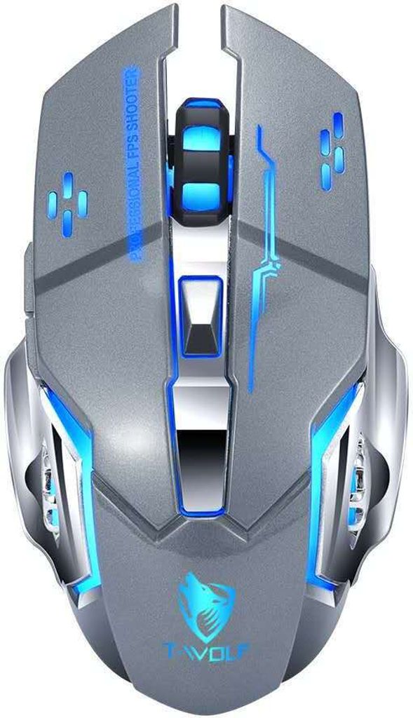 A top-down view of a gray gaming mouse with blue LED lighting.