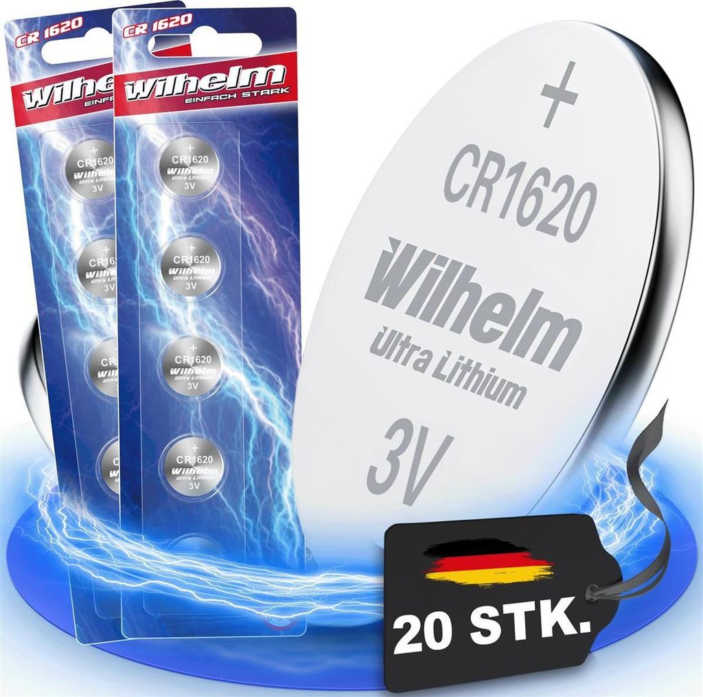 A product shot of multiple blister packs of CR1620 lithium coin cell batteries, with a single battery prominently displayed and a tag indicating quantity.