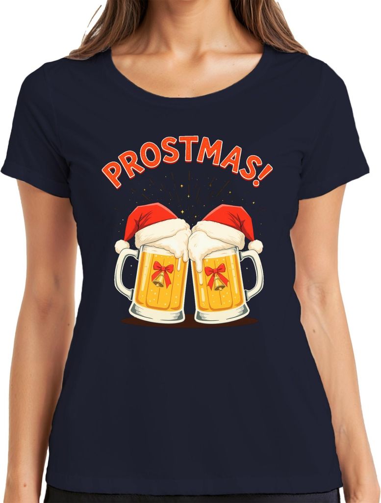 PROSTMAS! Bierkrug Weihnachten Santa Hut Geschenk lustig Damen T-Shirt, Navy, S