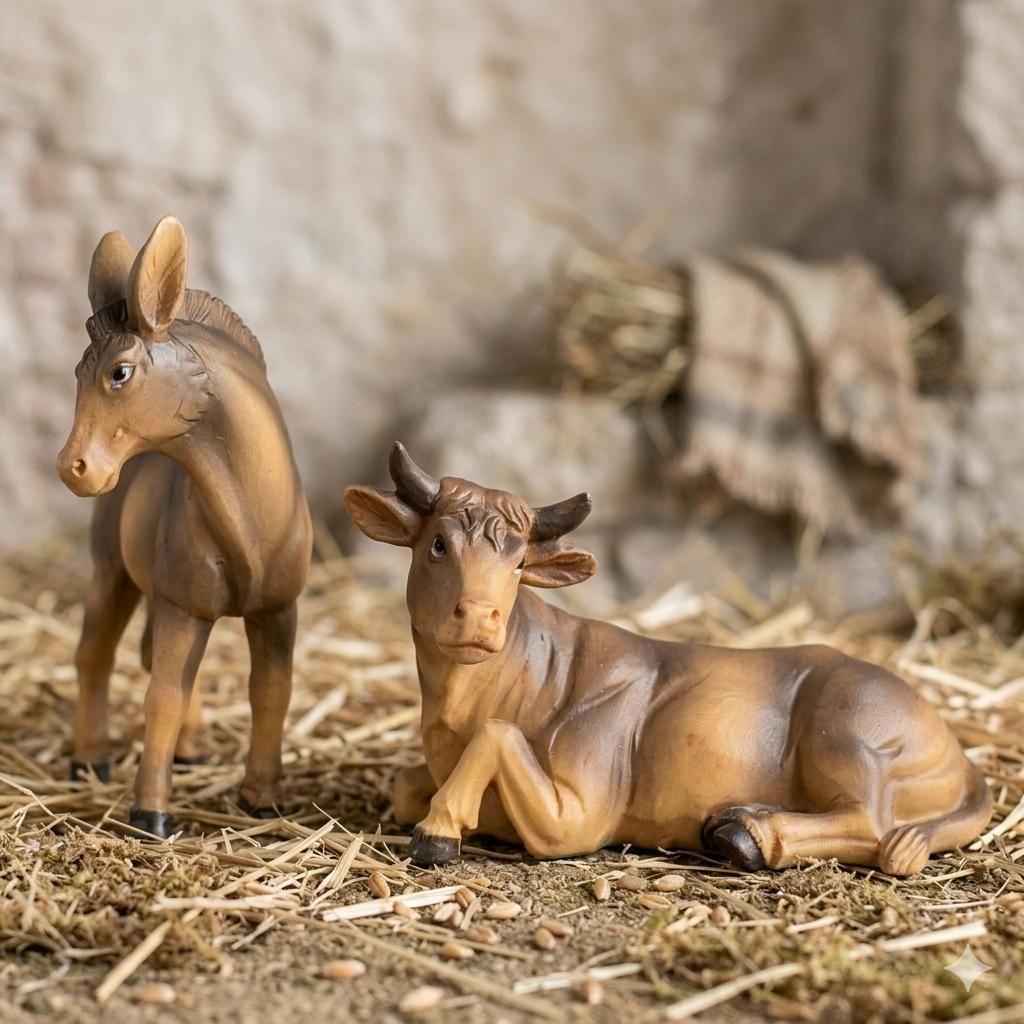 Handbemalte Krippenfiguren Ochse und Esel 2-tlg., ca. 9 cm, Produktbild 