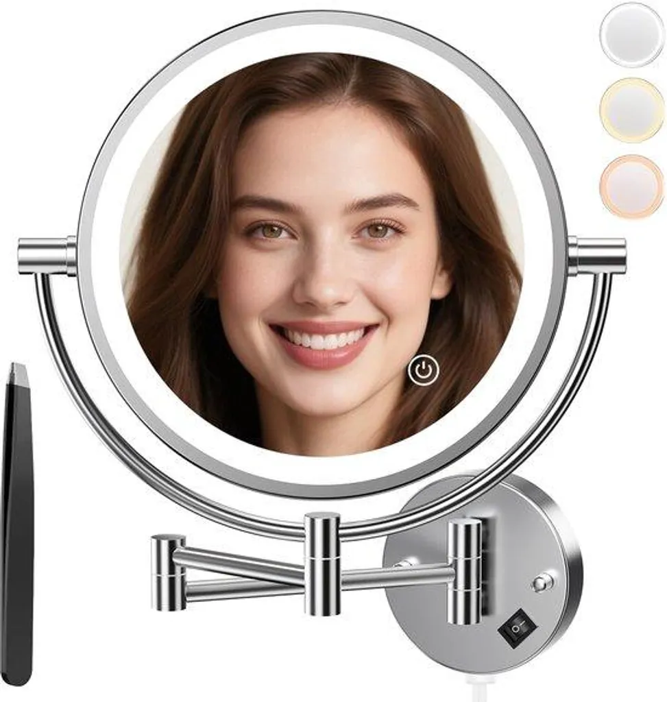 Miroir de maquillage mural lumineux à 3 couleurs et grossissement 30x