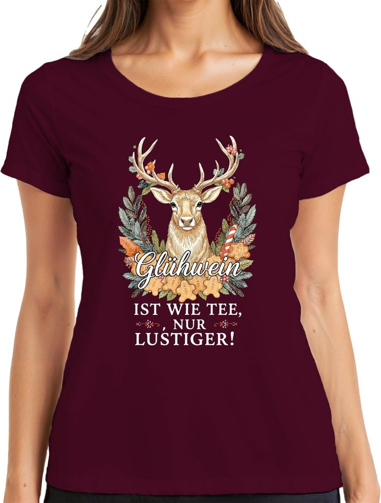 Glühwein ist wie Tee nur viel lustiger Weihnachten Retro Hirsch Damen T-Shirt, Burgundy, S
