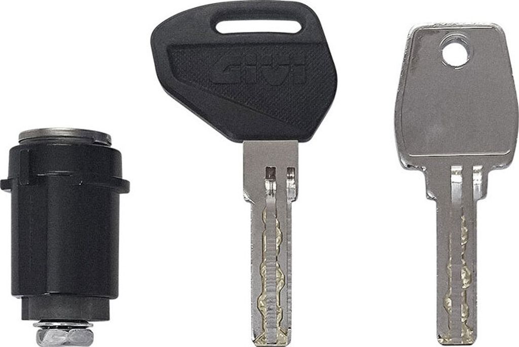 A lock cylinder and two keys are displayed against a white background.