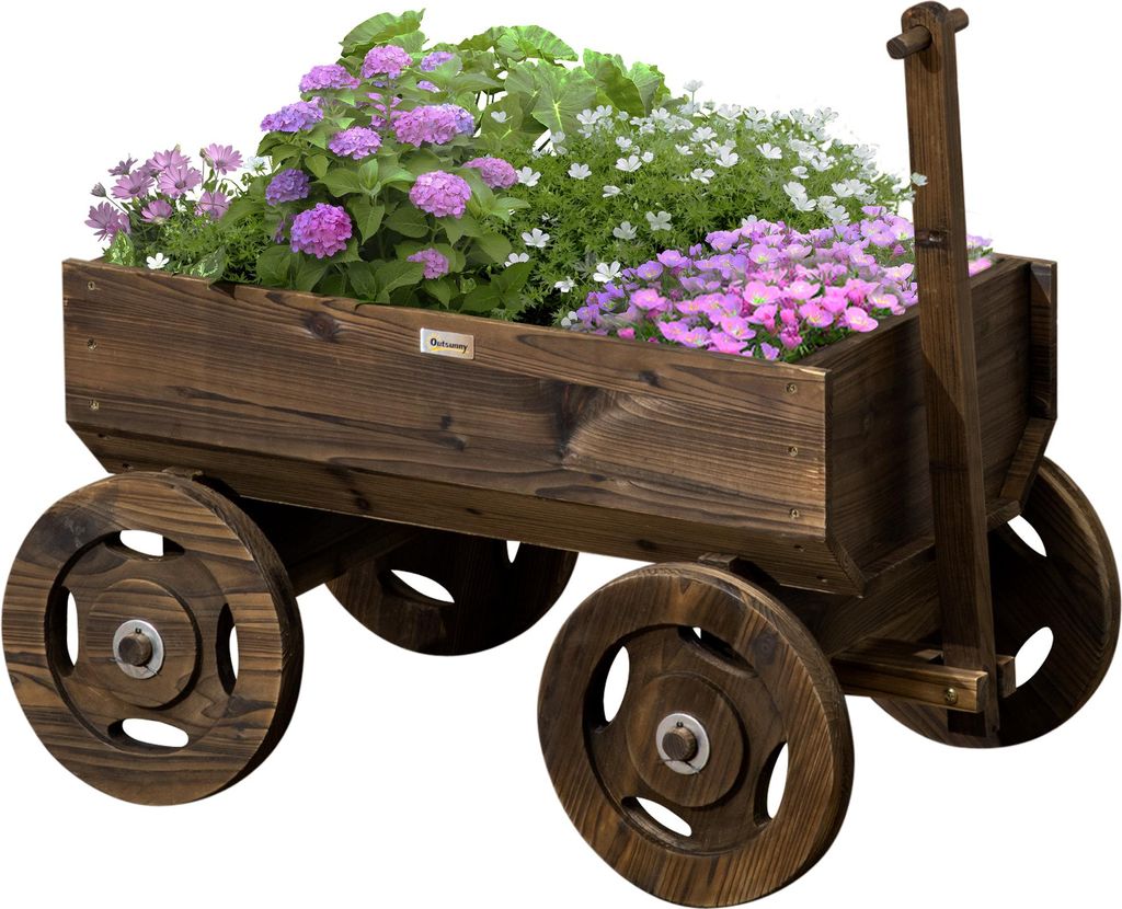 Hochbeet im Holzwagen-Design, Brandlackierung, beweglich, wetterbeständig, Braun