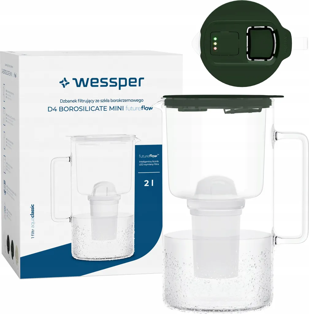 Wessper D4 Vetro Borosilicato: Brocca Filtrante Eco 2L con LED
