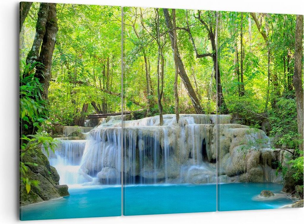 Bild auf Leinwand - Leinwandbild - Wasserfall Wald Umwelt - 105x70cm - Wand Bild - Wanddeko - Leinwanddruck - Bilder - Kunstdruck - Wanddekoration ...
