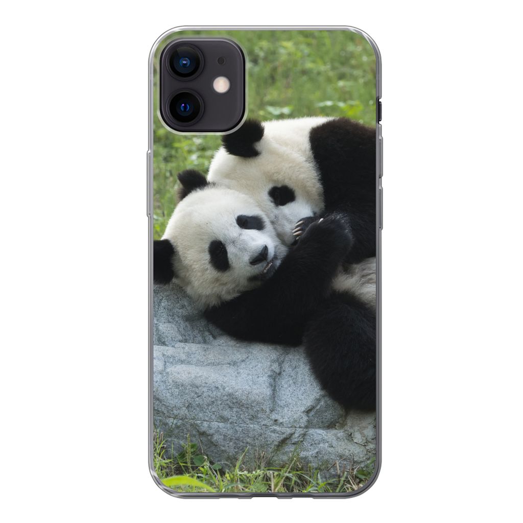 MuchoWow Handyhülle Schutzhülle Hülle für iPhone 12 mini Pandas - Gras - Stein Silikon Softcase Handy Hülle - Bild
