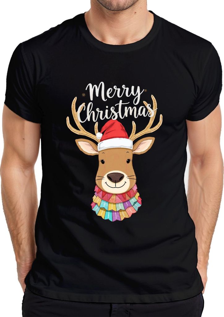 Merry Christmas Weihnachten Rentier Nikolausmütze niedlich bunt Herren T-Shirt, Schwarz, 3XL