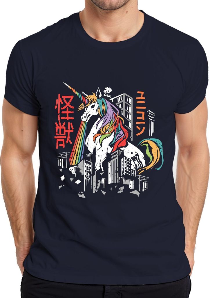 Einhorn Regenbogen Kaiju Monster Stadt Zerstörung ユニコーン 怪獣 Retro Herren T-Shirt, Navy, 3XL