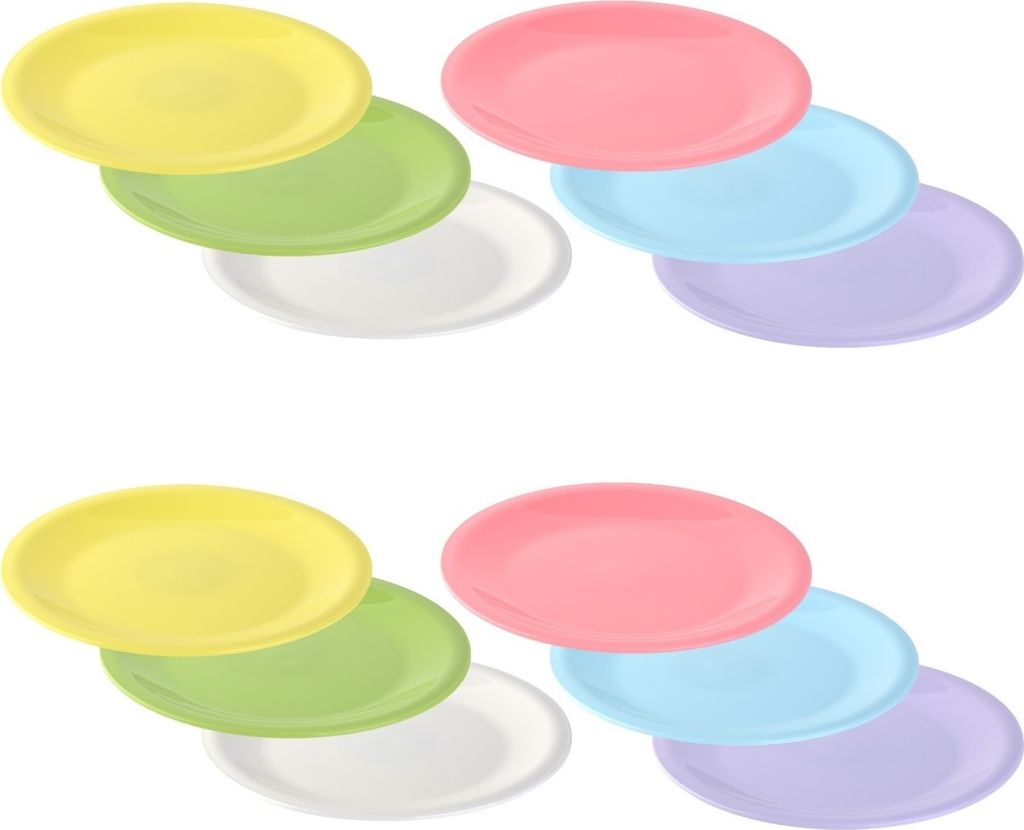 12er Set farbenfrohe Dessertteller Kinderteller Kuchenteller Kunststoffteller Plastik flach bunt stapelbar leicht klein bunt BPA-frei