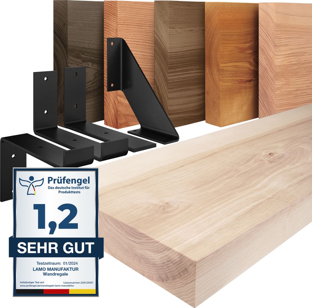 LAMO Manufaktur Wandregal Holz Gerade | Regal Farbe: Roh | mit schwarzem Vintage Regalträger | 50 cm