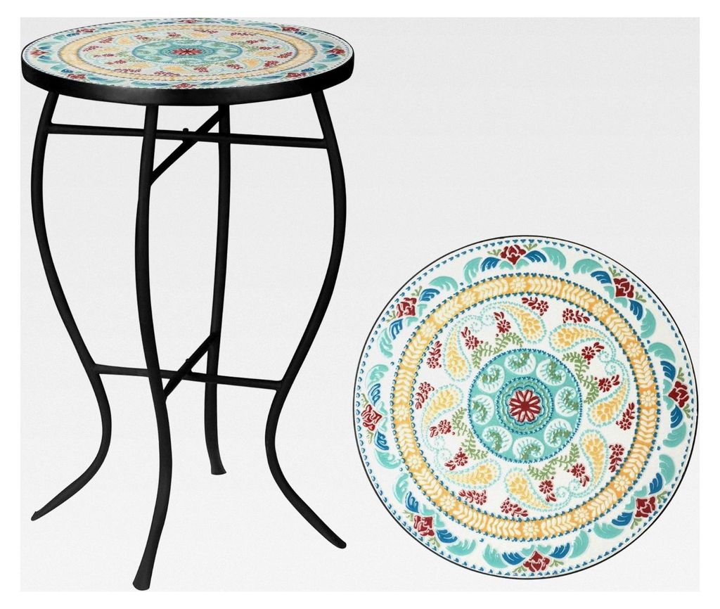 Runder Gartentisch mit Mosaik und Metallbeinen für Patio, Terrasse und Balkon 35,5x35,5x53,5 cm Türkis