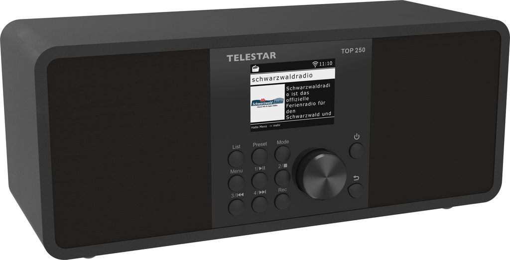 A black TELESTAR DAB+ Internetradio TOP 250 is shown from a slightly elevated front-left angle against a light gray background.