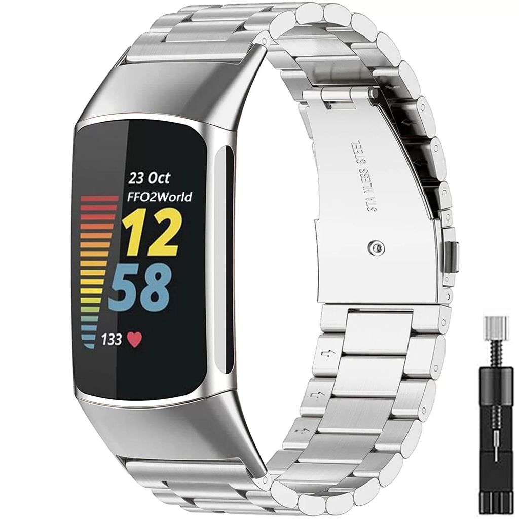 FFO2World Edelstahl Armband Kompatibel mit Fitbit Charge 6/5 – Klassisches Silber – Ersatzband mit Werkzeug – Leicht, Robust & Verstellbar