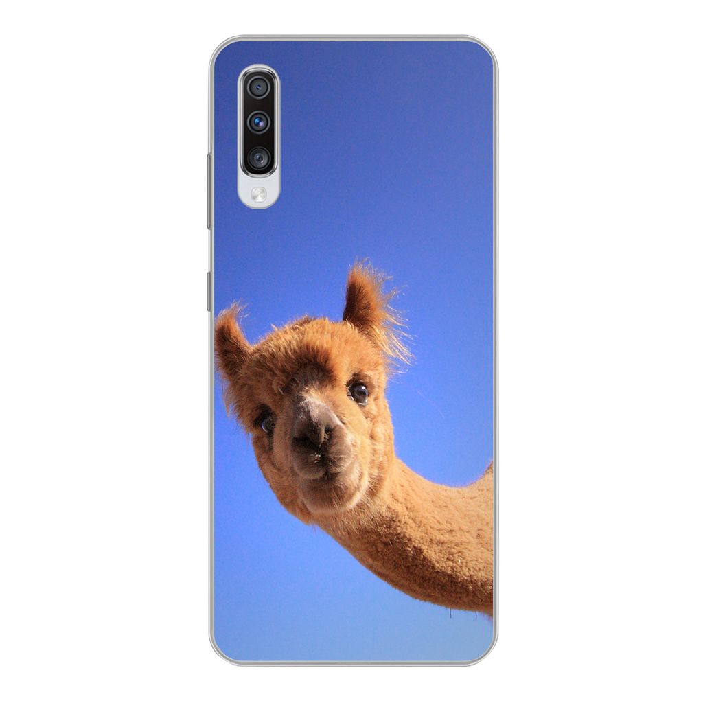 MuchoWow Handyhülle Schutzhülle Hülle für Samsung Galaxy A70 Alpaka - Braun - Blau Silikon Softcase Handy Hülle - Schutzhaube