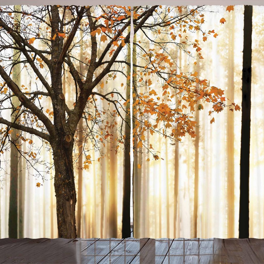 ARANDE Herbst Gardine, Einsam Baum mit Orangenblättern auf einem abstrakten Waldhintergrund, 280 x 260 cm, Orange Braun