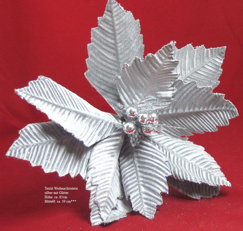 Textil-Blume Weihnachtsstern silber mit Glitter Gesamtlänge: ca. 65cm